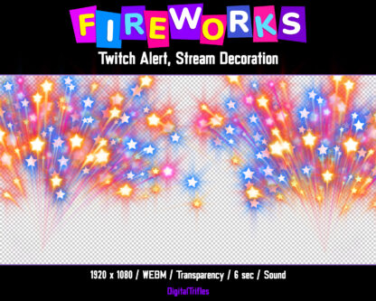 Animated fireworks Twitch alert, stream overlay, transparent fullscreen video asset with shoot sound