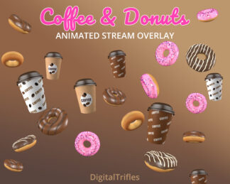Flying coffee and donuts Twitch alert, cute stream overlay, fullscreen animated asset with transparent background and sound