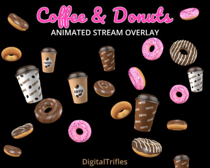 Flying coffee and donuts Twitch alert, cute stream overlay, fullscreen animated asset with transparent background and sound