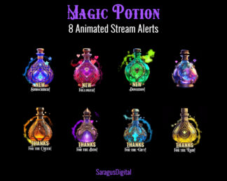 Beautiful magical alerts for your stream, 8 shining colorful bottles with witches potions