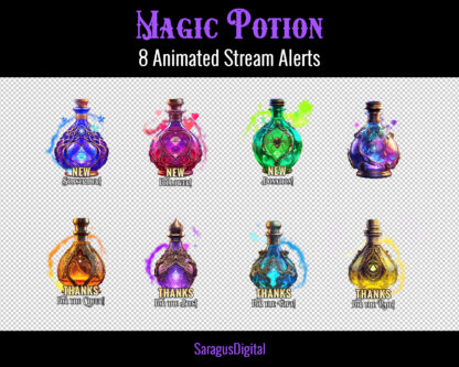 Beautiful magical alerts for your stream, 8 shining colorful bottles with witches potions