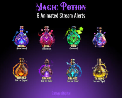 Beautiful magical alerts for your stream, 8 shining colorful bottles with witches potions