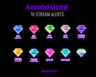 Beautiful animated alerts for your stream, 10 glowing crystals: purple, pink, red, honey, green, aqua, blue, indigo, rainbow and clear gems. Magic Twitch alerts can be used to celebrate events or goals: new donation, follow, subs, raids, cheer, gift