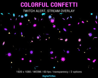 Bright colorful confetti, animated Twitch alerts, stream overlays with transparent background, rainbow flickering stars confetti, fullscreen stream assets, 2 options — shooting and falling