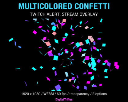 Animated Twitch alerts bright multicolored confetti, stream overlays with transparent background, twinkling rainbow confetti, full screen stream assets, 2 options - shooting and falling. Add multicolored animation and celebrate with your viewers! These confetti stream decorations can be used to thank your community for their support, cheers or subscriptions