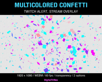 Animated Twitch alerts bright multicolored confetti, stream overlays with transparent background, twinkling rainbow confetti, full screen stream assets, 2 options - shooting and falling
