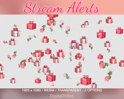 Animated Twitch alerts with glitter gifts and beautiful roses, pink stream overlays with transparent background, cute aesthetic flowers and gift boxes, full screen stream assets, 2 confetti options - shooting and falling