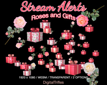 Animated Twitch alerts with glitter gifts and beautiful roses, pink stream overlays with transparent background, cute aesthetic flowers and gift boxes, full screen stream assets, 2 confetti options - shooting and falling