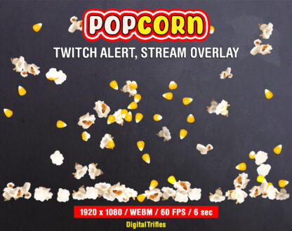 Animated Twitch alert popcorn, stream overlay with transparent background, popping and flying popcorn, full screen stream asset