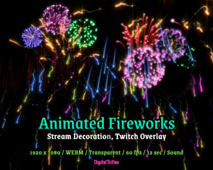 Animated beautiful colorful fireworks, stream overlay, Twitch alert, transparent fullscreen asset with shooting sound