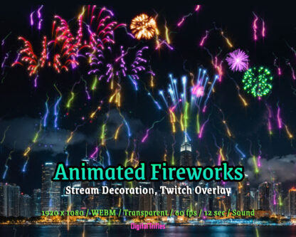 Animated beautiful colorful fireworks, stream overlay, Twitch alert, transparent fullscreen asset with shooting sound