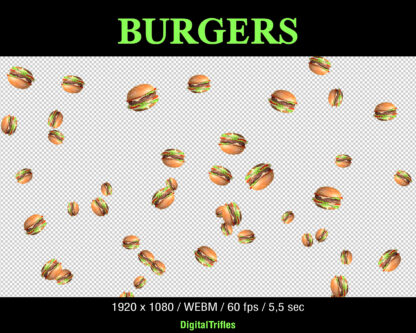 Animated Twitch alert, cute and tasty burgers, fullscreen stream overlay with transparency. Shoot up burgers animation is suitable for game streaming, just chatting, for Streamers and VTubers, to thank your community for their support, cheers or subs