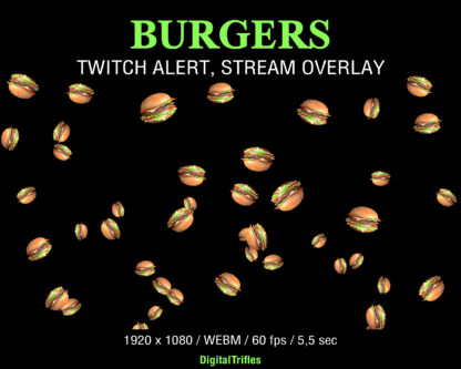 Animated Twitch alert, cute and tasty burgers, fullscreen stream overlay with transparency. Shoot up burgers animation is suitable for game streaming, just chatting, for Streamers and VTubers, to thank your community for their support, cheers or subs