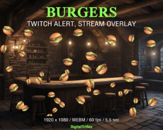 Animated Twitch alert, cute and tasty burgers, fullscreen stream overlay with transparency. Shoot up burgers animation is suitable for game streaming, just chatting, for Streamers and VTubers, to thank your community for their support, cheers or subs