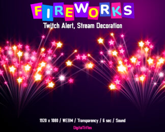 Animated pink fireworks Twitch alert, stream overlay with transparent background and sound. Cute animated alert for show new followers, subscribers, cheers, donation, tips, gift subs