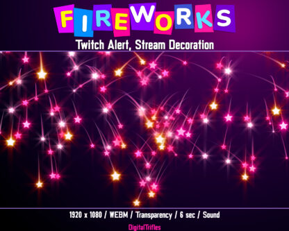 Animated pink fireworks Twitch alert, stream overlay with transparent background and sound. Cute animated alert for show new followers, subscribers, cheers, donation, tips, gift subs