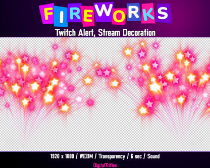 Animated pink fireworks Twitch alert, stream overlay with transparent background and sound. Cute animated alert for show new followers, subscribers, cheers, donation, tips, gift subs