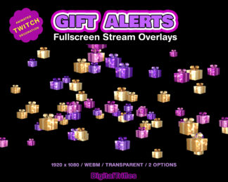 Animated Twitch alerts shiny gifts, stream overlays with transparent background, bright glitter gift boxes, full screen stream assets, 2 options - shooting and falling. Add multicolored animation and celebrate with your viewers! These stream decorations can be used to thank your community for their support, cheers or subscriptions