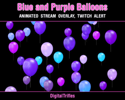 Animated Twitch alerts blue and purple Balloons, stream overlays with transparent background, flying balloons, full screen stream assets