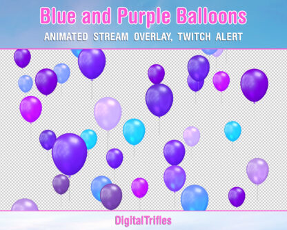 Animated Twitch alerts blue and purple Balloons, stream overlays with transparent background, flying balloons, full screen stream assets