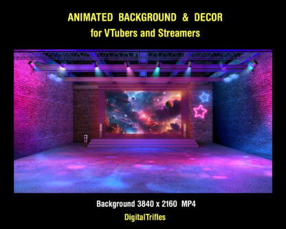 Animated stream background for a dancing or singing Streamer or VTuber. Concert stage with magic light rays and beautiful Twitch overlays with transparent background: Mirror Ball, colorful and neon stars, gold hearts, glitter confetti