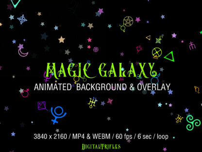 Magic Galaxy, animated background and overlay. Neon symbols of space, astrological, sacred geometry, flying in endless star space. Virtual background and Twitch stream overlay for Streamers and Vtubers. Mystic, Astrology, Tarot, Witchcraft