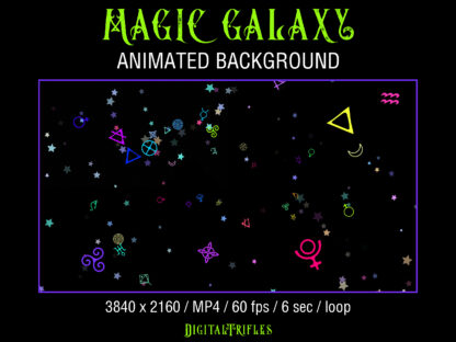 Magic Galaxy, animated background and overlay. Neon symbols of space, astrological, sacred geometry, flying in endless star space. Virtual background and Twitch stream overlay for Streamers and Vtubers. Mystic, Astrology, Tarot, Witchcraft