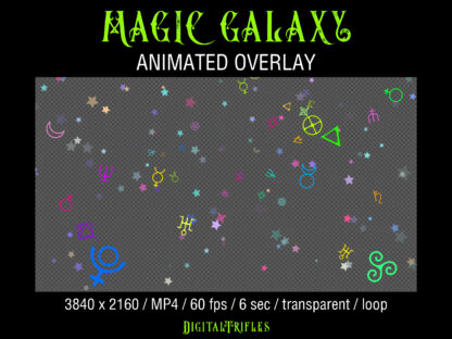 Magic Galaxy, animated background and overlay. Neon symbols of space, astrological, sacred geometry, flying in endless star space. Virtual background and Twitch stream overlay for Streamers and Vtubers. Mystic, Astrology, Tarot, Witchcraft