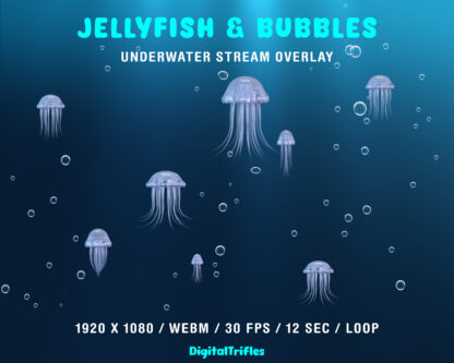 Animated jellyfish and air bubbles, underwater Twitch overlay, streaming asset. For Streamers, Vtubers, for gaming, live streaming, just chatting. Seamless smooth looping animation, ocean aesthetic. Aquatic, mermaid, siren themes, Sea adventure games