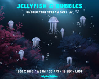 Animated jellyfish and air bubbles, underwater Twitch overlay, streaming asset. For Streamers, Vtubers, for gaming, live streaming, just chatting. Seamless smooth looping animation, ocean aesthetic. Aquatic, mermaid, siren themes, Sea adventure games