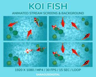 Koi fish, animated stream screens and virtual background. Starting Soon, Be Right Back, Stream Ending, Offline, and Twitch background without text. Colorful and fire red-orange koi fish in turquoise blue water with a beautiful play of light and shadow