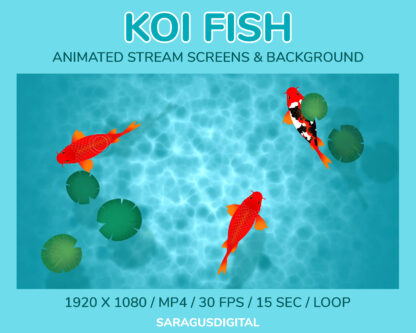 Koi fish, animated stream screens and virtual background. Starting Soon, Be Right Back, Stream Ending, Offline, and Twitch background without text. Colorful and fire red-orange koi fish in turquoise blue water with a beautiful play of light and shadow