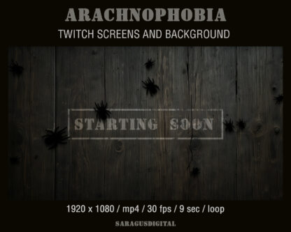 Minimalist Twitch overlays with spiders, animated stream screens. Starting Soon, BRB, Stream Ending, Offline, background without text. For Streamers and Vtubers, for gaming, live streaming, just chatting. Horror, gothic, arachnophobia themes