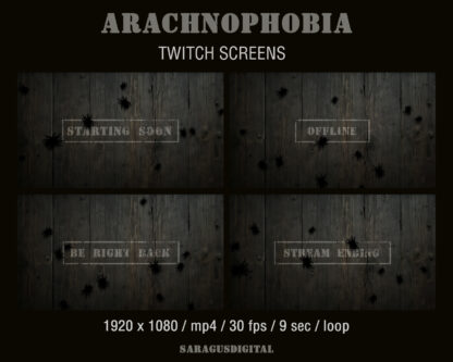 Minimalist Twitch overlays with spiders, animated stream screens. Starting Soon, BRB, Stream Ending, Offline, background without text. For Streamers and Vtubers, for gaming, live streaming, just chatting. Horror, gothic, arachnophobia themes