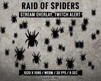 Spiders, animated overlay with transparency, usable as stream decoration and full screen Twitch alert. Make your viewers tremble with fear! Army of spiders - horror, gothic, Halloween, arachnophobia or just cutest black tarantulas