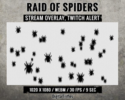 Spiders, animated overlay with transparency, usable as stream decoration and full screen Twitch alert. Make your viewers tremble with fear! Army of spiders - horror, gothic, Halloween, arachnophobia or just cutest black tarantulas