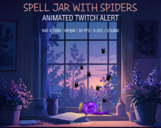 Purple witch jar with spiders, animated Twitch alert, stream overlay, Vtuber asset, scary Halloween stream decoration. Falling and breaking a jar of spiders, stream alert with the sound of breaking glass and a transparent background