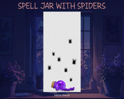 Purple witch jar with spiders, animated Twitch alert, stream overlay, Vtuber asset, scary Halloween stream decoration. Falling and breaking a jar of spiders, stream alert with the sound of breaking glass and a transparent background