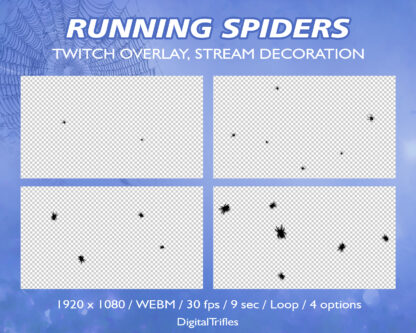 Running spiders, Twitch overlays, animated stream decoration, VTuber and Streamer assets. Full screen, loop, transparency, 4 options. These cute creatures are perfect for a horror Twitch scene, Halloween, spooky Vtuber room, gothic atmosphere of just chatting