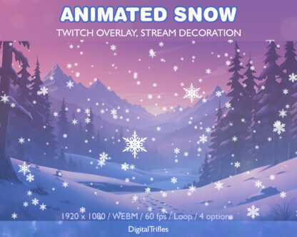 Animated snow stream overlays, Twitch stream assets, beautiful and cozy winter theme of the snowfall and snowflakes, Christmas aesthetic Twitch overlay. 4 cute snowy animations for decorating gaming, live stream, just chatting or Vtuber background