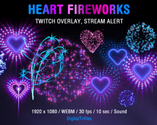 Animated beautiful fireworks, full screen Twitch alert, stream overlay. Glowing and sparkling hearts shaped fireworks, fullscreen festive video effect with shoot sound and transparent background for streamers and VTubers