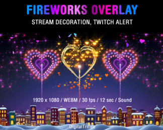 Animated Fireworks with sparkling hearts and confetti, full screen stream alert, Twitch overlay for New Year, Valentines Day, 4th July. Aesthetic Twitch screen decoration for Streamers and Vtubers, romantic decor for streaming parties. Festive video effect with shooting sound and transparent background