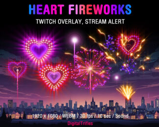 Beautiful hearts shaped pink fireworks, animated full screen stream overlay, Twitch alert. Glowing and sparkling fireworks, stream decoration, festive video effect with shoot sound and transparent background for streamers and VTubers