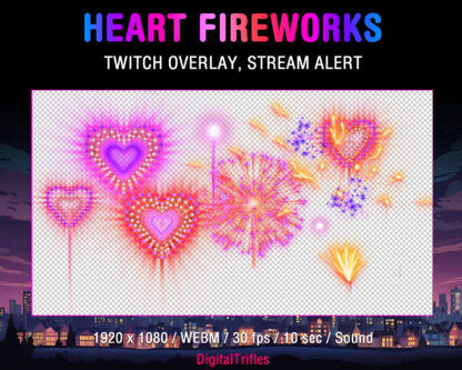 Beautiful hearts shaped pink fireworks, animated full screen stream overlay, Twitch alert. Glowing and sparkling fireworks, stream decoration, festive video effect with shoot sound and transparent background for streamers and VTubers