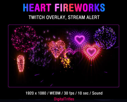 Beautiful hearts shaped pink fireworks, animated full screen stream overlay, Twitch alert. Glowing and sparkling fireworks, stream decoration, festive video effect with shoot sound and transparent background for streamers and VTubers