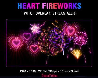 Beautiful hearts shaped pink fireworks, animated full screen stream overlay, Twitch alert. Glowing and sparkling fireworks, stream decoration, festive video effect with shoot sound and transparent background for streamers and VTubers