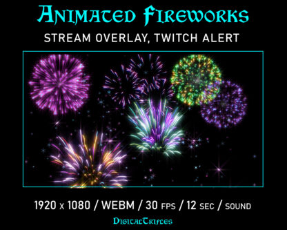 Animated Twitch overlay, multicolor fireworks. Transparent WEBM file is suitable as stream decoration or full screen alert for gaming, live streaming and just chatting, for Streamers and Vtubers