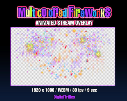 Beautiful multicolored fireworks, animated Twitch alert, stream overlay, fullscreen video asset with transparent background and shoot sound