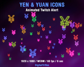 Yen and yuan sign Twitch alerts, animated colorful ¥ icons, stream decoration, Japanese and Chinese currency symbol, Twitch overlay