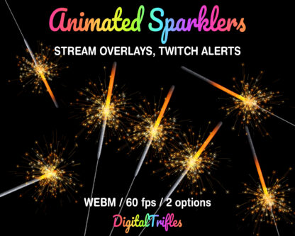 Golden sparklers Twitch overlay, animated stream alerts. New Year’s Eve, Fourth of July, birthday, anniversary stream decoration. Beautiful firework sparkler overlays with transparent background for holiday theme for streaming scenes